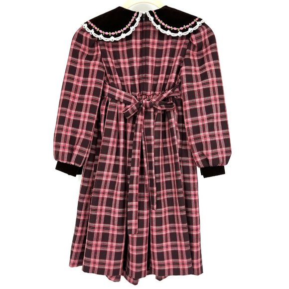 Vintage‎ Bonnie Jean Girls Size 6X Plaid Velvet Collar Dress Pink Brown Pleated - Picture 4 of 8